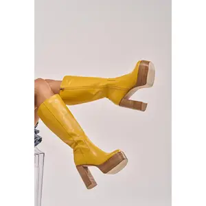 AZALEA WANG LANDRY YELLOW PU WOOD STACK PLATFORM BOOT