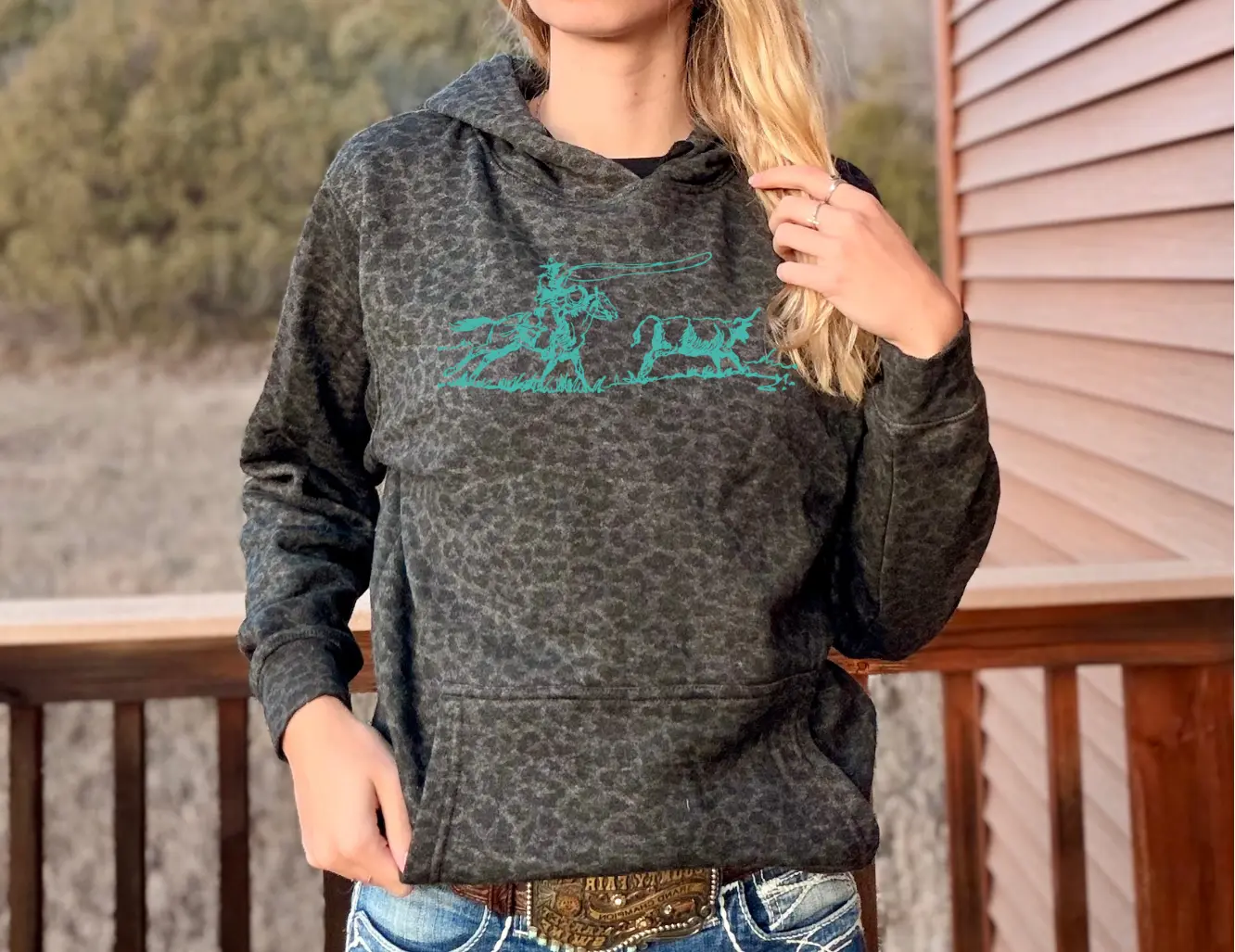 Roper Black Leopard Hoodie -Teal