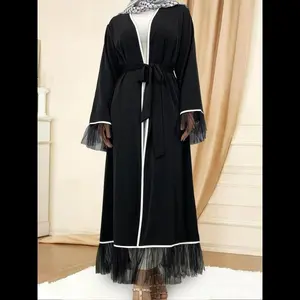 Women's Solid Color Lace Trim Abaya, Casual Long Sleeve Belted Lounge Robe, Ladies Sleepwear for All Seasons