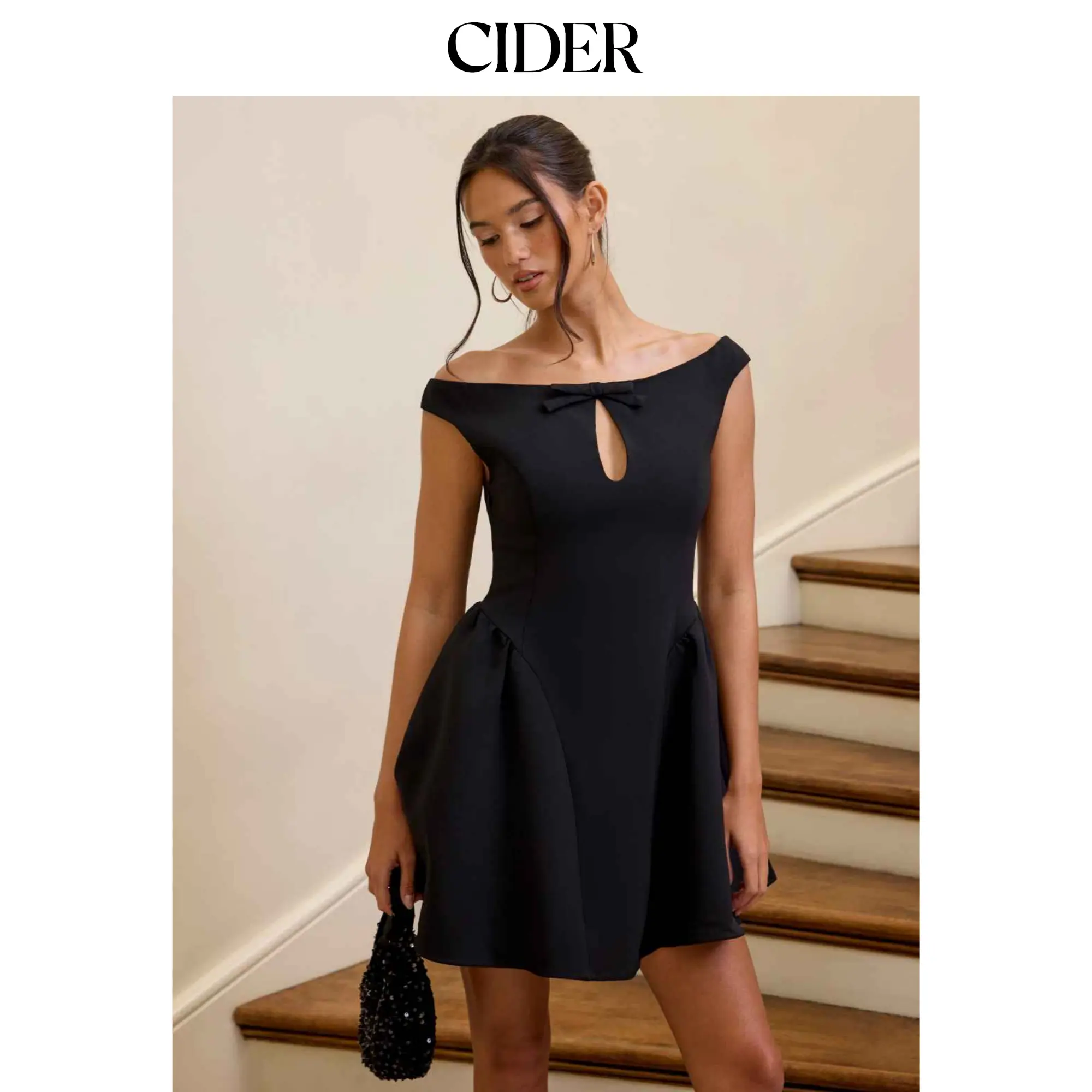 Cider Boat Neck Cut Out Bowknot A-line Mini Dress