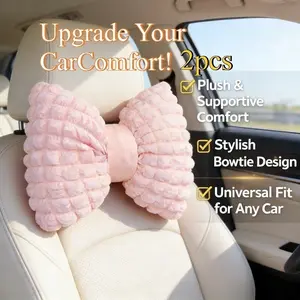 2pcs 2026 New Bubble Cotton Bow Car Neck Pillow, Breathable Neck Cushion, Healing Car Headrest, Soft Support Cervical Protection, Cute Car Interior Decoration, Car Accessories