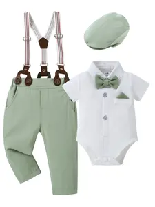 Baby Boy Clothes Suit 0-24M Infant Gentleman Wedding Outfit, Shirt+Bowtie+Beret+Suspender Pants Clothing Set