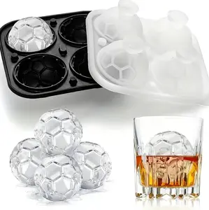 Soccer Ice Cube Mold, Football Shapes Ice Cube Tray, Silicone Sphere Ice Mold with Clear Funnel-type Lid,Make 4 Large Ice Balls for Chilling Whiskey Cocktails Drinks