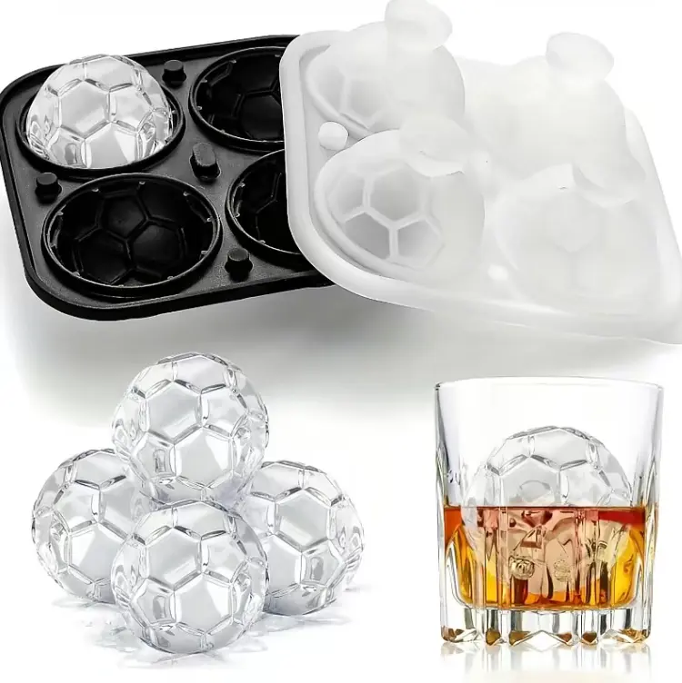 Soccer Ice Cube Mold, Football Shapes Ice Cube Tray, Silicone Sphere Ice Mold with Clear Funnel-type Lid,Make 4 Large Ice Balls for Chilling Whiskey Cocktails Drinks