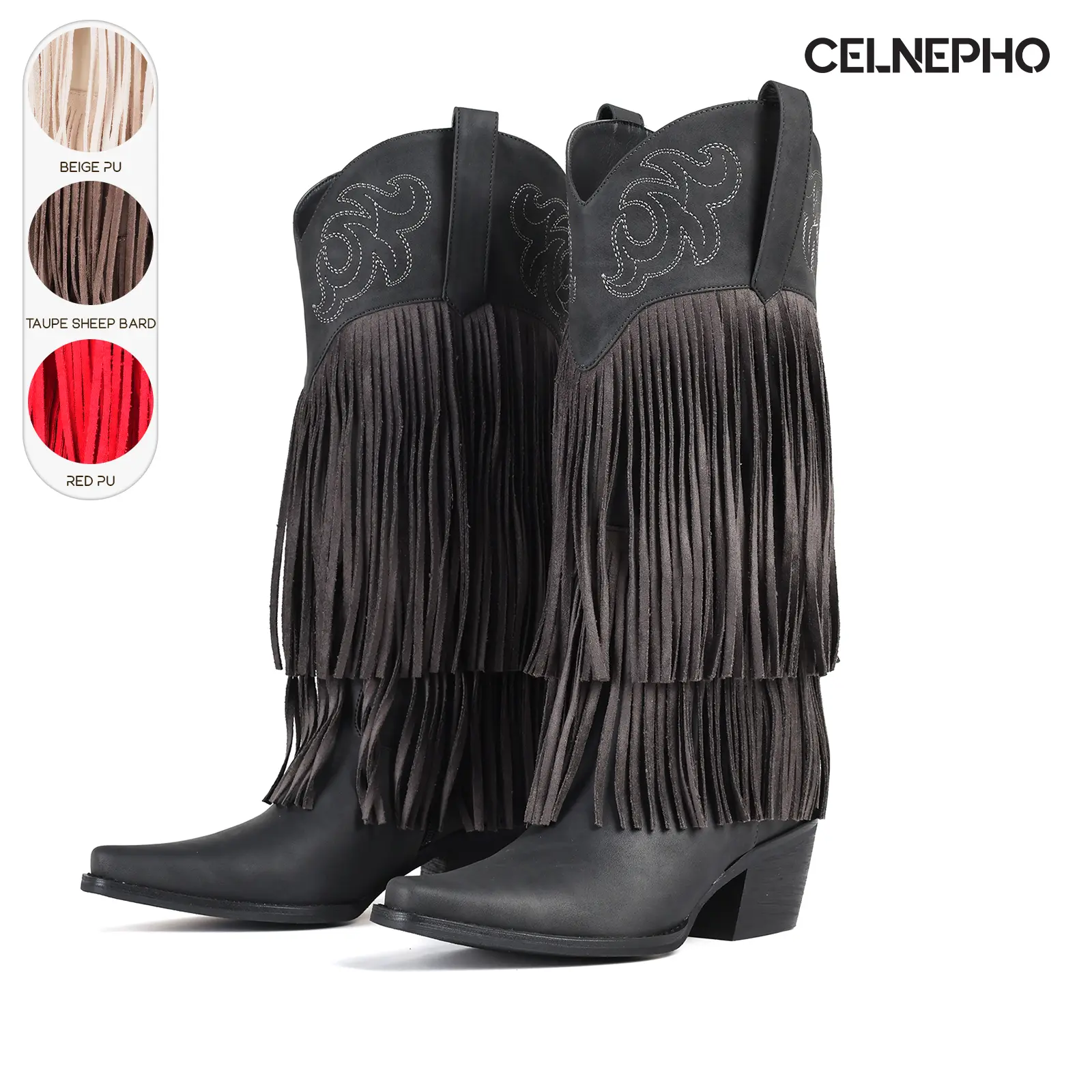 CELNEPHO Womens Cowboy Boots Pointed Toe Knee High Boot Fringe Design Chunky Block Heel Western Embroidered HIdden Side Zipper Easy Pull on Tabs Gift Country Wedding Date Horse Riding Everyday Wear Cosplay Cowgirl Dress Shoes