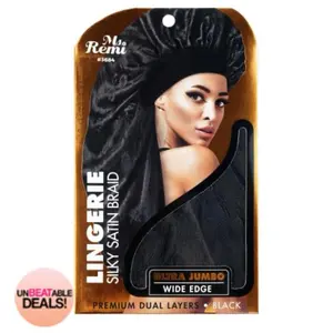 Ms. Remi Lingerie Wide Edge Silky Braid Bonnet Ultra Jumbo 1 Piece Sleep Cap Asst Color Premium Dual Layers Black