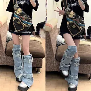 Vintage Y2K Baddie Denim Leg Warmers Washed Tie-Up Stackable lrregular Calf Subculture Niche Design Trendy Fashion Style