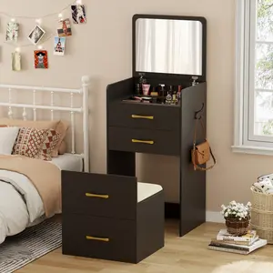 Dystler 3 in 1 Vanity Desk with Flip Top Mirror for Bedroom,Small Compact Vanity with Visible Glass Desktop for Cloakroom,Makeup Vanity Set with 3 Drawers,Cushioned Stool