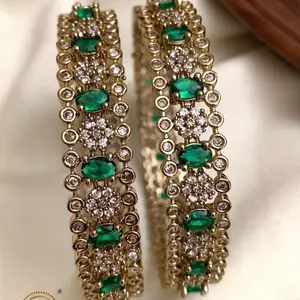 Victorian Finish Premium Bangles 2pcs Pair size 2.6 Adorned with Sparkling CZ Stones and Emerald-like Accent Jewelry