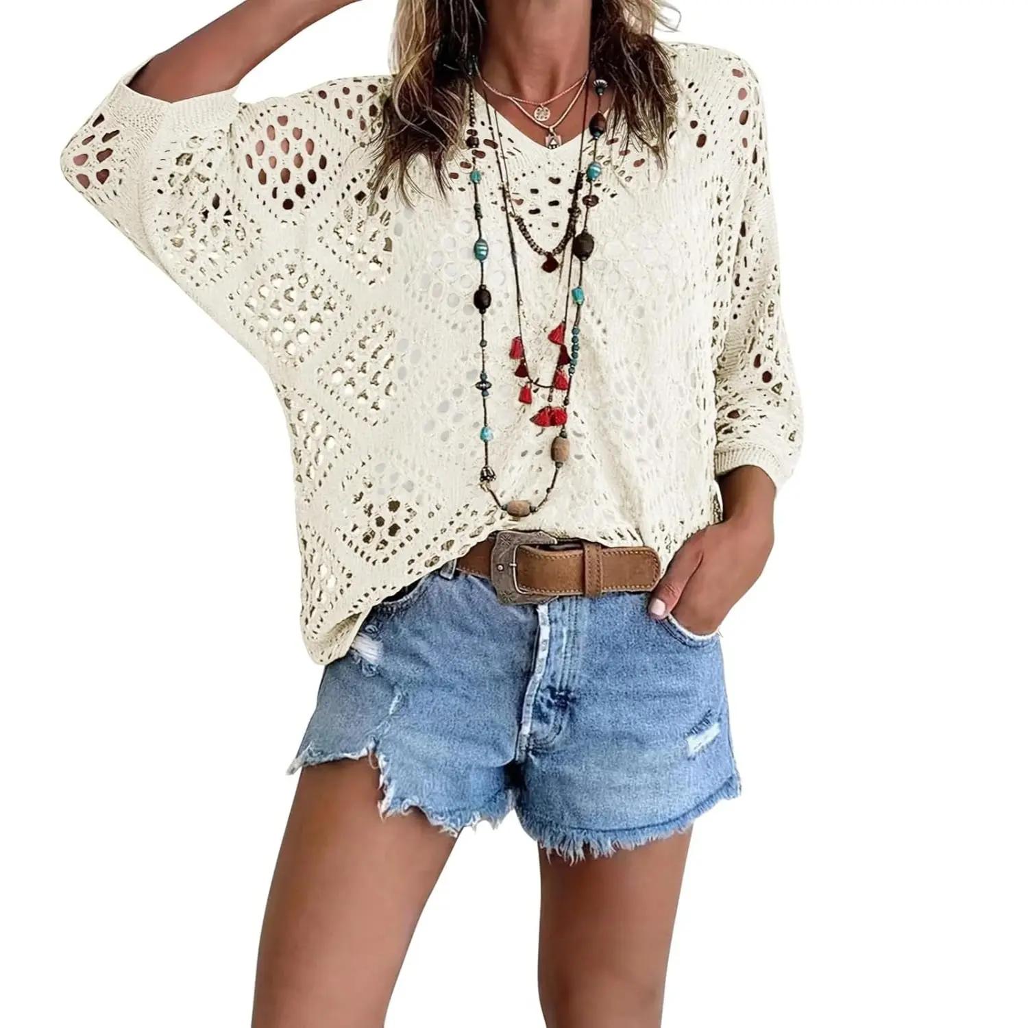 Women's Bohemian-Inspired Beige Crochet Top with V-Neck Casual Chic