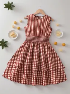 Girls' Checkered Design Gingham Print Dress, Round Neck Sleeveless with Waist Tie, Multilayer Skirt for a Cute and Elegant Look