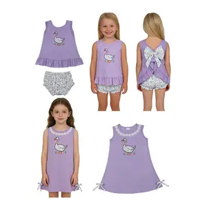 Adorable Goose Print Toddler Bummies Set – Purple Girls’ Summer Outfit, Cute 2-Piece Baby Clothes