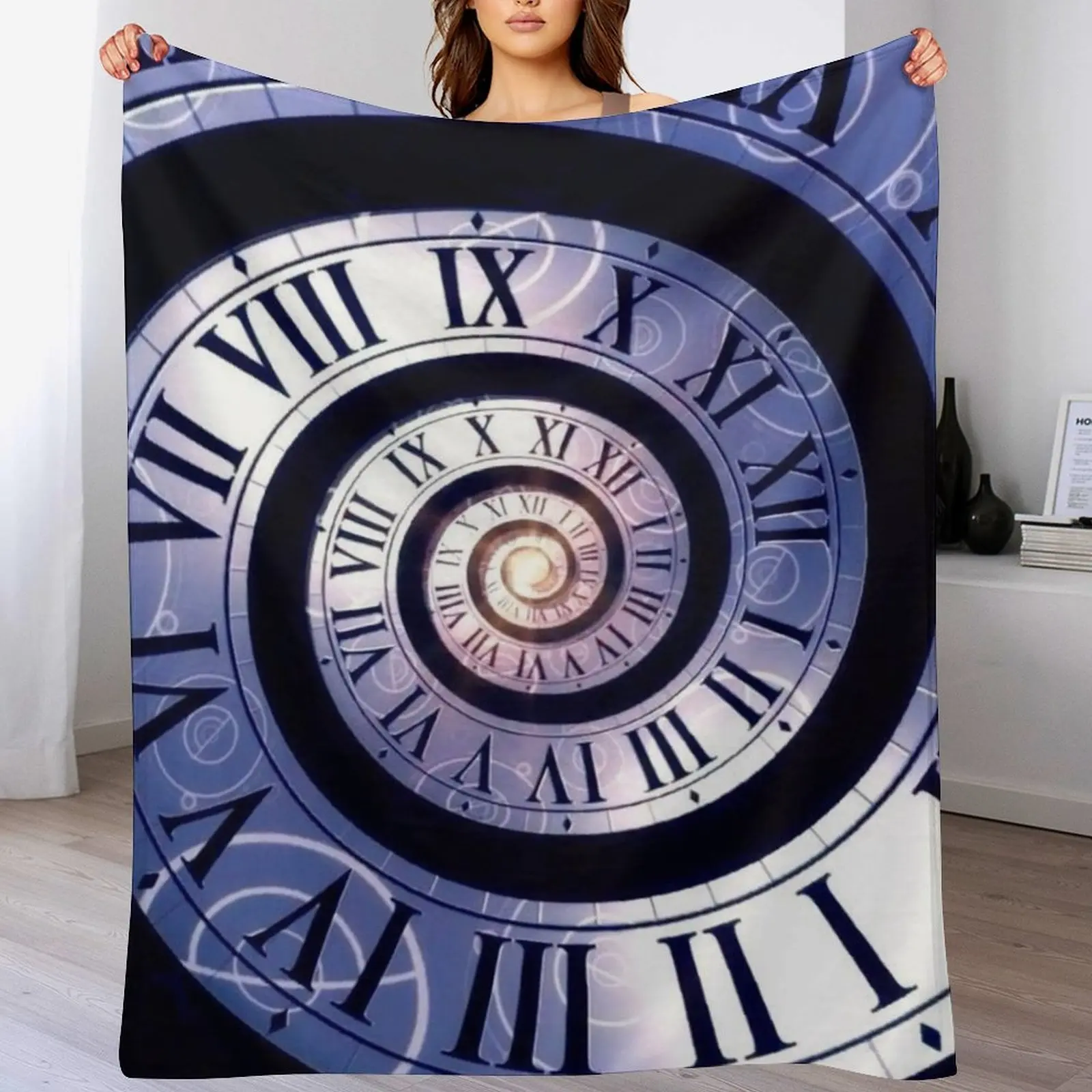 Spiral Roman Numeral Tapestry Clock Flannel Fleece Blanket - Soft Warm Trippy Art Bedroom Decor, Wall Tapestry Room Cover for Couch Bed, Fans Gift, Portable, Indoor/Outdoor, One-Piece