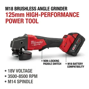 Milwaukee M18 Brushless 125mm Angle Grinder, M14 Spindle, 3500-8500 Variable No-load Speed, 33mm Max Cutting Depth, Lock-free Paddle Switch, Cordless Electric Grinder for Polishing Cutting Metal Working