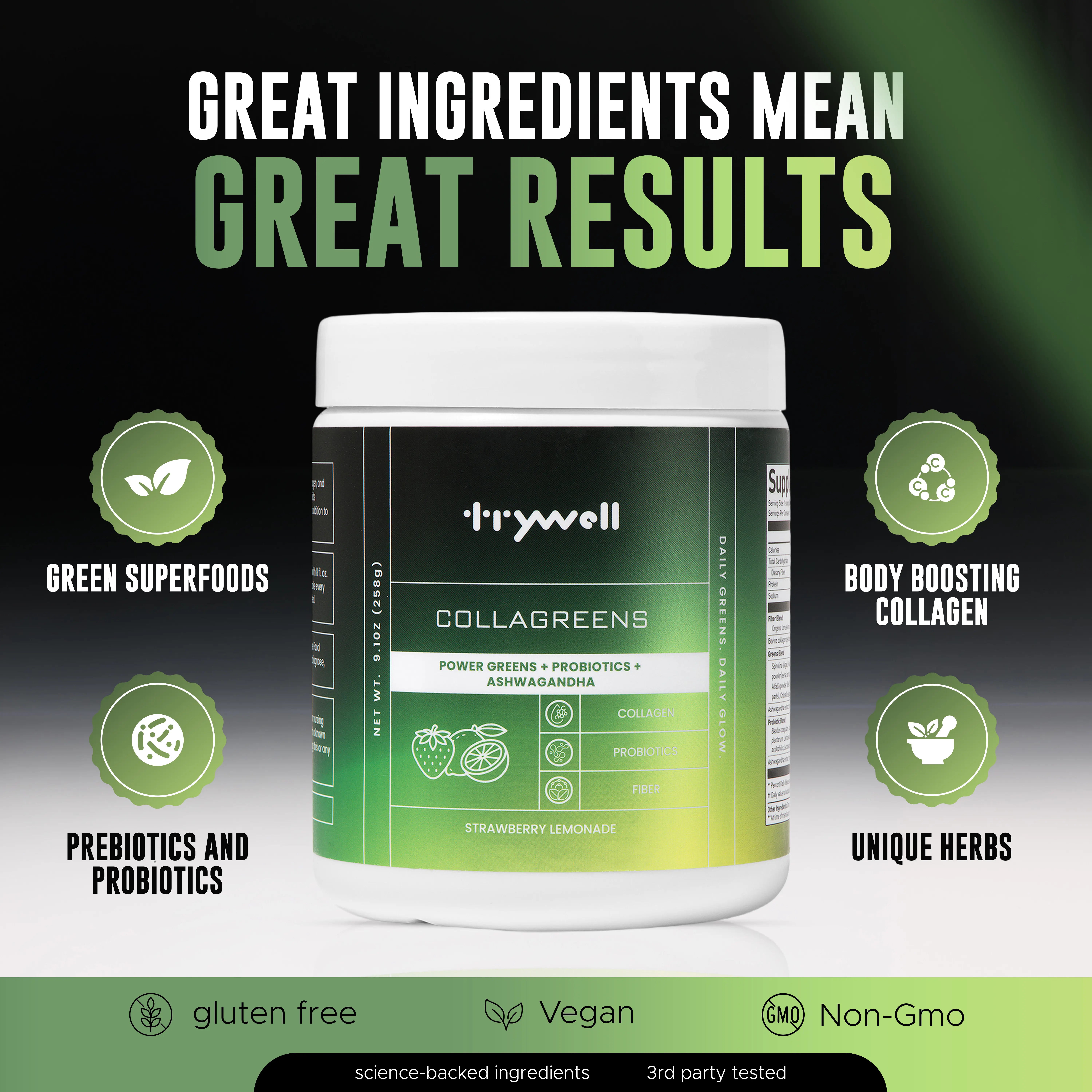 Super Greens powder - Fiber + Collagen + Probiotics and Prebiotics + Ashwagandha - Daily Gut, Joint, Focus & Energy Support - Strawberry Lemonade - 9.16 oz Collagen Powder Natural Supplement