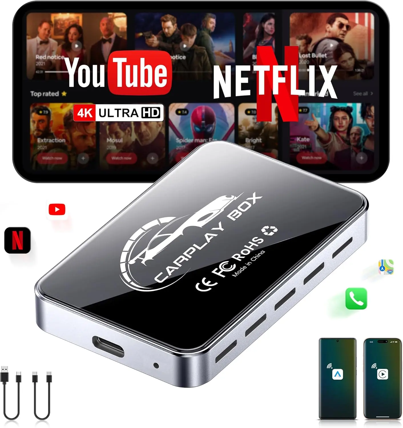 OMNIRA AI Box Wireless CarPlay & Android Auto Adapter - Plug & Play, Dual-Band WiFi, Bluetooth 5.0, 4K Video Support, Android 12.0 System, Factory Compatible (4GB RAM+32GB ROM)