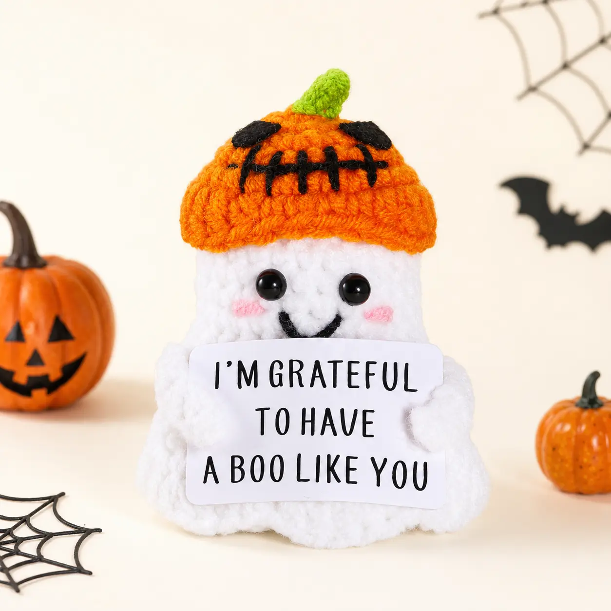 Cute Crochet Ghost Doll with Pumpkin Hat – Handmade Halloween Plush, Fall Home & Desk Decor, Cozy Gift for Friends family
