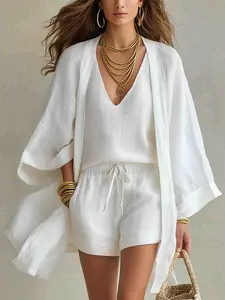 European and American Cross-Border 2026 Summer New Style Loose Cotton and Linen Mid-Length Cardigan Sleeveless Vest Shorts Casual Three-Piece Set