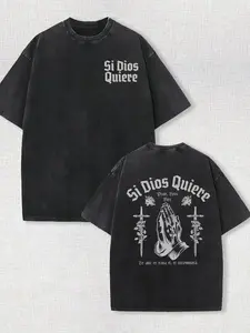 Men's Heavyweight 230gsm Batik Cotton T-Shirt - Spanish Religious Prayer & Our Lady of Guadalupe Print, Loose Fit Short Sleeve Casual Streetwear, Catholic Faith Apparel Gift for Family Gatherings