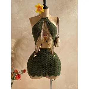 Women's Vacation Beach Sequin Tassel Decor Backless Halter Mini Knit Dress, Summer Holiday Outfits , Beach Vacation Outfits For Women, Casual Outfit For Women