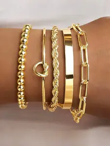 5pcs 18K Gold Plated Women's Bracelets Set, Includes Curb Chain, Braided, Paper Clip, Twist Flower, Beaded Chain Bracelets, Layered Gold Tone Bangles, Bohemian Style, Elegant Jewelry