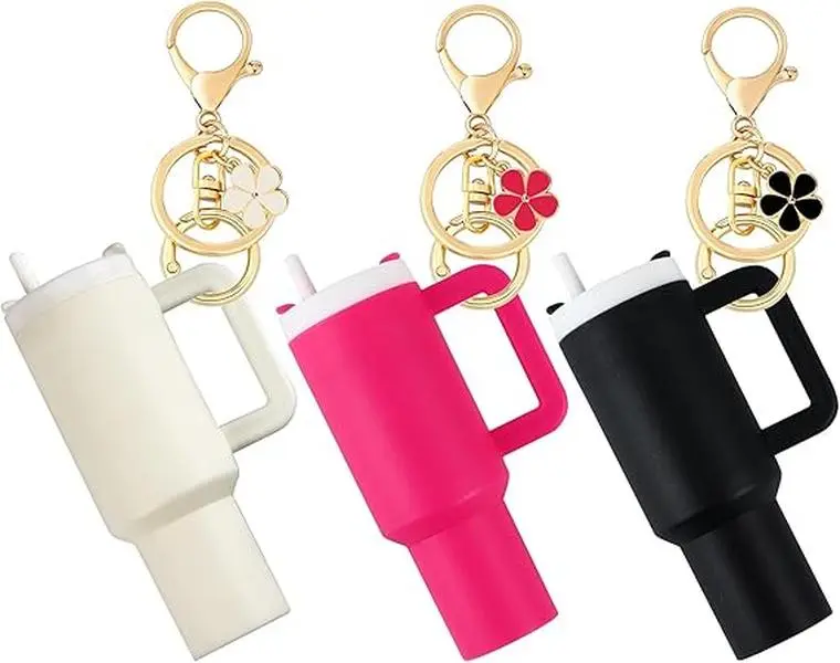Cute Mini Tumbler Keychain with Removable Lid & Chapstick Holder, PLA Flower Pendant Charm for Bags & Backpacks, Women's Gift, Christmas, Casual, Thanksgiving, Ceremony, 2" Long, 3.94" Tall, Pla Body, Easy To Carry, Trendy Everyday Accessory, 3.94 Inches,