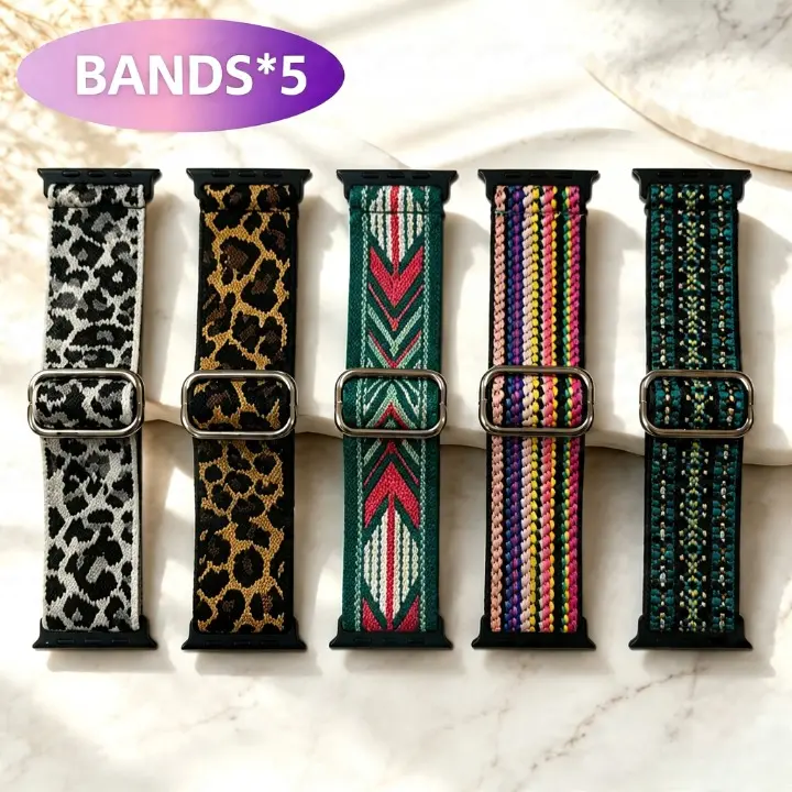 5-Pack Nylon Watch Bands – Stretchy Elastic Sport Loop Straps, Soft Breathable Adjustable Wristbands Compatible with Apple Watch Series & Ultra, Comfortable Smartwatch Replacement Bands