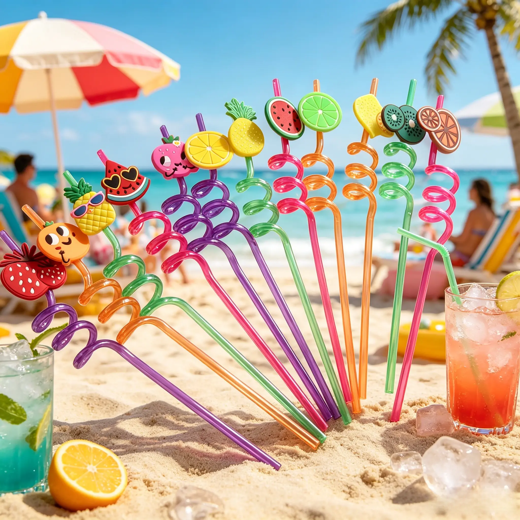 Reusable Cute Fruit Spiral Plastic Straws, Home Bar Accessories, Party Favors for Summer Drinks