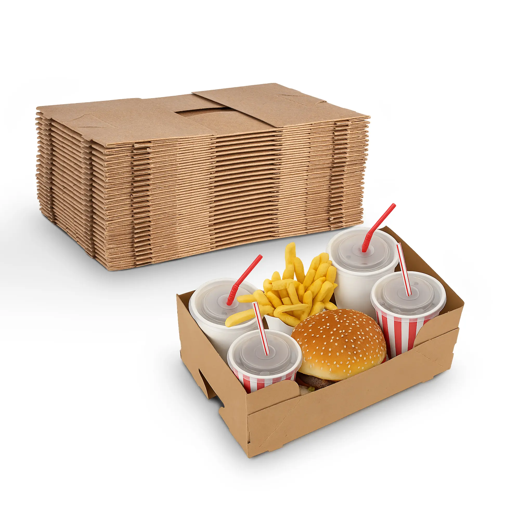 MT Products Brown Eco-Friendly Degradable Lightweight Rectangular Disposable Paper Trays - 4-Corner Pop-Up J-Type Paperboard Trays (10.4"x6"x4") - Home & Festive Tableware for Cups, Disposable Party Use, Cup, Disposable Party Tray