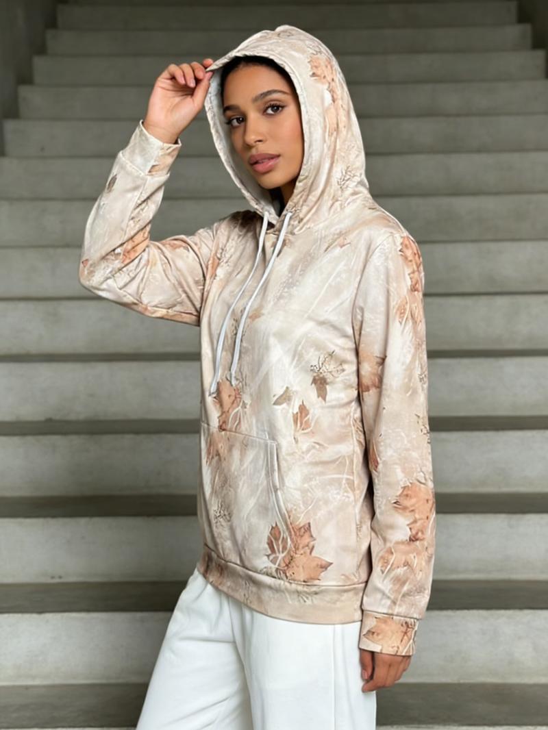 Womens Camo Maple Leaf Hoodie | Oversized Lightweight Printed Fleece Hooded Sweatshirt with Pocket |  Camo Leaf Branch All over Print | Casual Fabric Womenswear Everyday Polyester Style Tops Breathable Long Sleeve