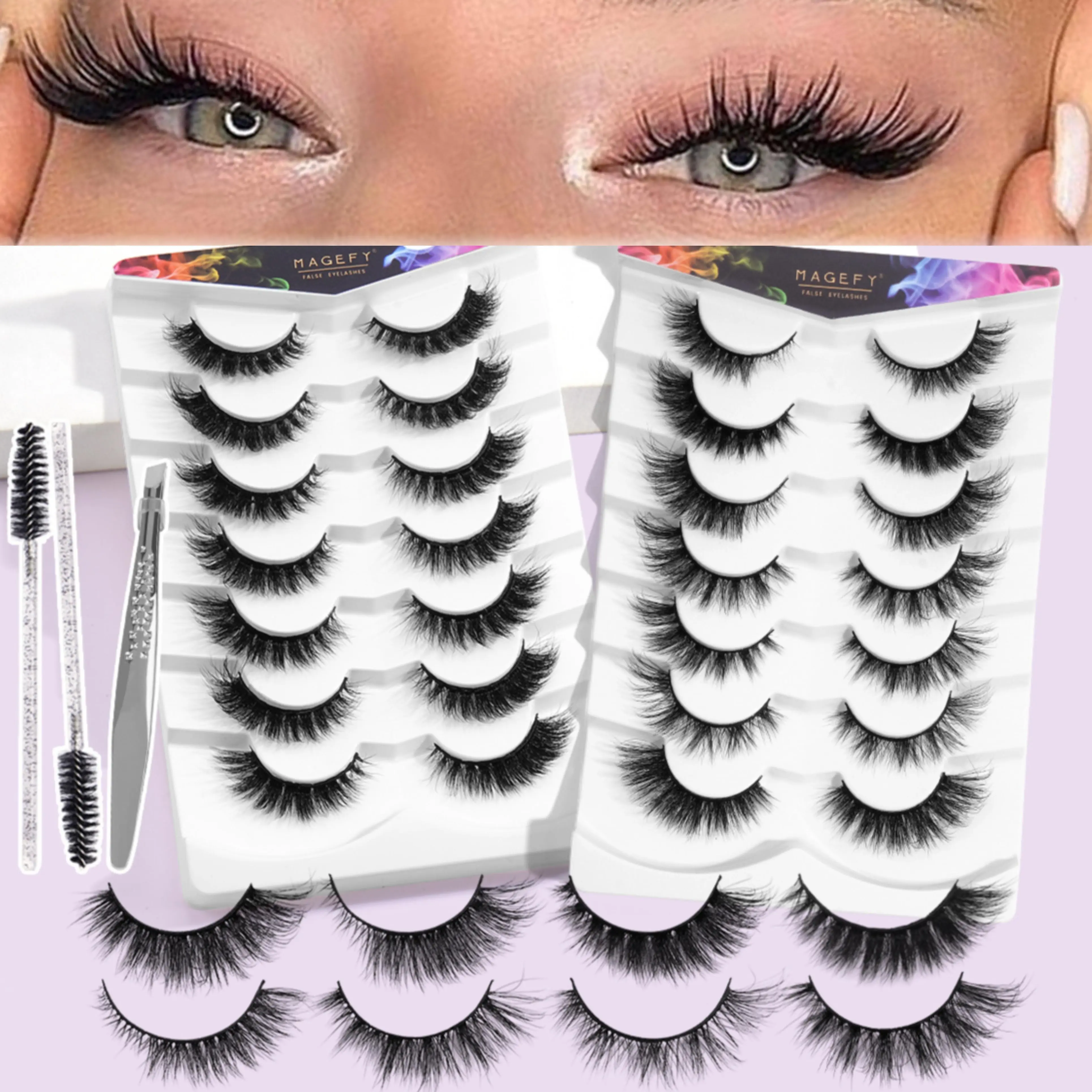 Magefy False Eyelashes Kit with Adhesives & Lash Tool, 14 Pairs in 8 Styles, Fluffy Wispy Cat-Eye Natural Looking Faux Strip Lashes for Women, Feline Lash Look
