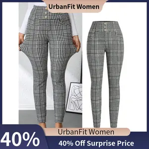 【UrbanFit Women】Ladies' Elegant Plaid Print Metal Buckle Decor Black and White High-Waist Pants YTD Cherry