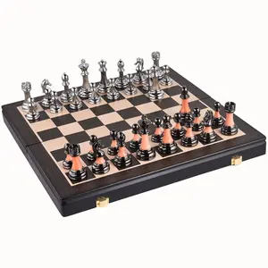 17 Inch Luxury Metal Chess Set, Folding Wooden Board with Weighted Silver & Black Gold Accent Pieces, Professional Tournament Chess Game for Adults, Handcrafted Premium Chess Set with Storage, Elegant Home Decor & Perfect Gift for Chess Enthusiasts