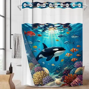1PC 2D Flat No Hooks Double Layer Shower Curtain, Underwater Orca Coral Print Waterproof Fabric, Ocean Themed Home Decor, Ocean Lovers, Hotel Bathroom Accessory, Clear Top Window, Detachable Liner, Home Bathroom Room Divider