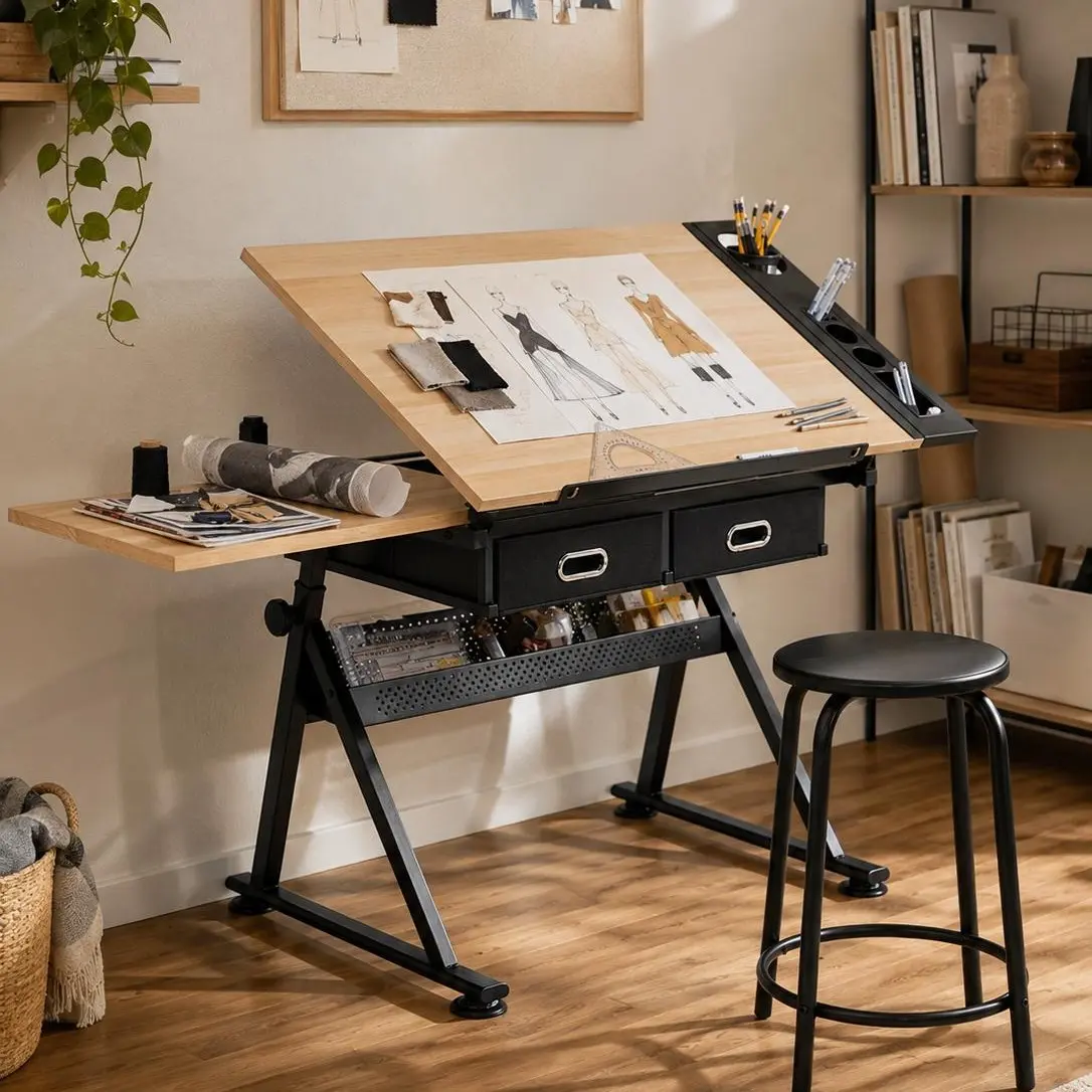 【Back to School】Yaheetech Commercial Style Drafting Table & Stool Set, Height-Adjustable Drawing Table Art Craft Desk with 2 Storage Drawers, for Home Office, Commercial Style Drafting Tables tiktokshopbacktoschool, Sturdy, Artists, 23.6×15" Ref Top, Powd
