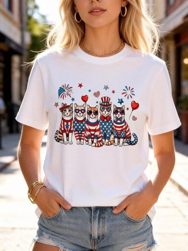 Women's Soft Cotton Fitted Cut Short-Sleeve H-Type T-Shirt - Casual Lightweight Cropped Patriotic Cat Graphic Top with Firework Print Fabric for 4th of July, Cat Lovers