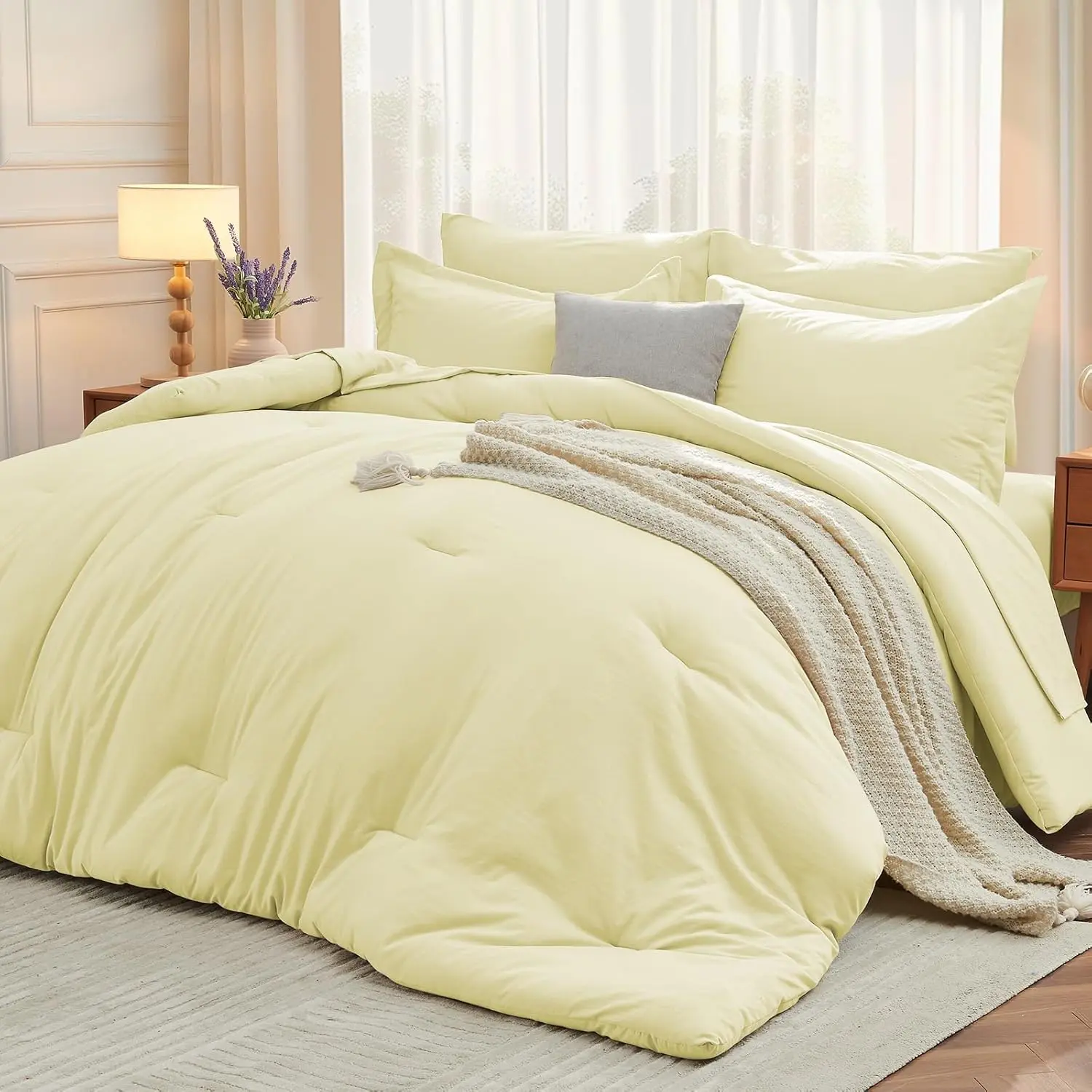 King Size 7-Piece Bedding Set - Modern Brushed Fabric, Breathable Cream Yellow Comforter, Flat Sheet, 14" Deep Pocket Elastic Fitted Sheet, Pillowcases, Shams, All Seasons, Durable, Machine Washable (1-Bag Packaging), Elastic 14" Deep Pocket