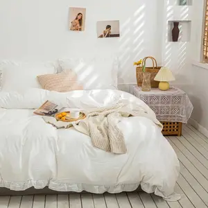 White Ruffle Queen Size Comforter Set, Ruffled Reversible Down Alternative Bed Sets - 90 x 90 3PC Soft Microfiber Duvet Farmhouse Vintage Rustic Bedding in a Bag for Men