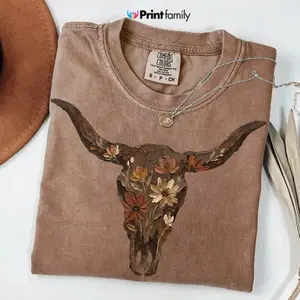 (Printed) Comfort Colors Brushstroke Floral Western Cow Skull Tshirt, Cowboy Graphics Tee, Western Graphics Tshirt, Flower Cowgirl, Desert Western Art - TrendWear USA