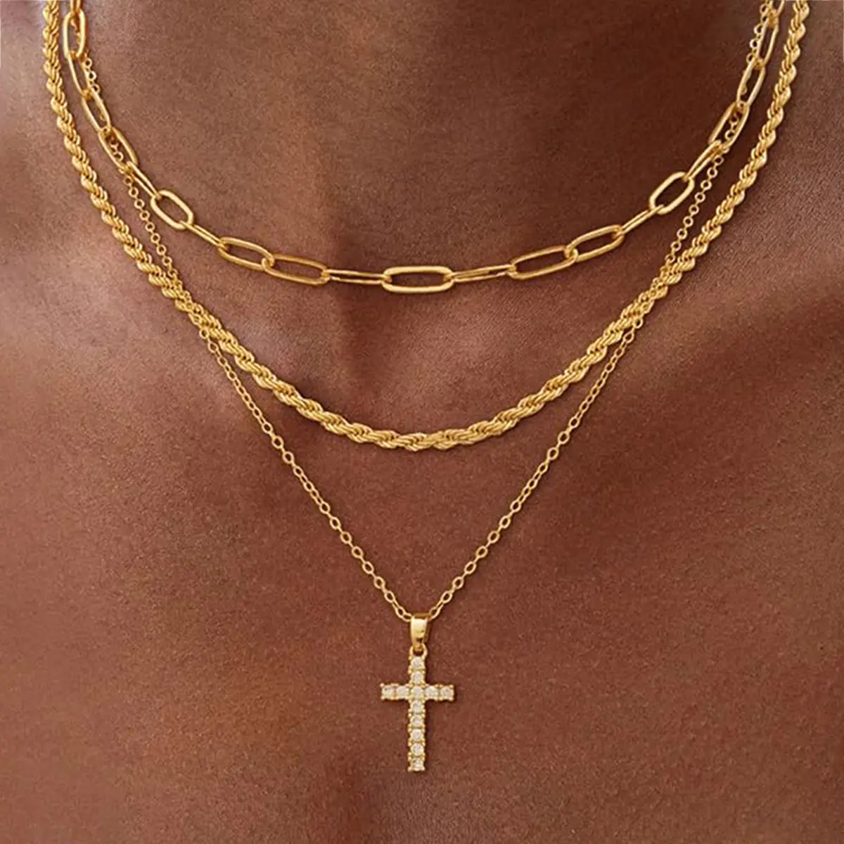 Women's 14K Brass Gold Plated Layered Cross Necklaces Set - Stacked Cross Design Pendant, Cubic Zirconia, Hypoallergenic Fit, Daily Wear Faith Religious Costume Jewelry Gift