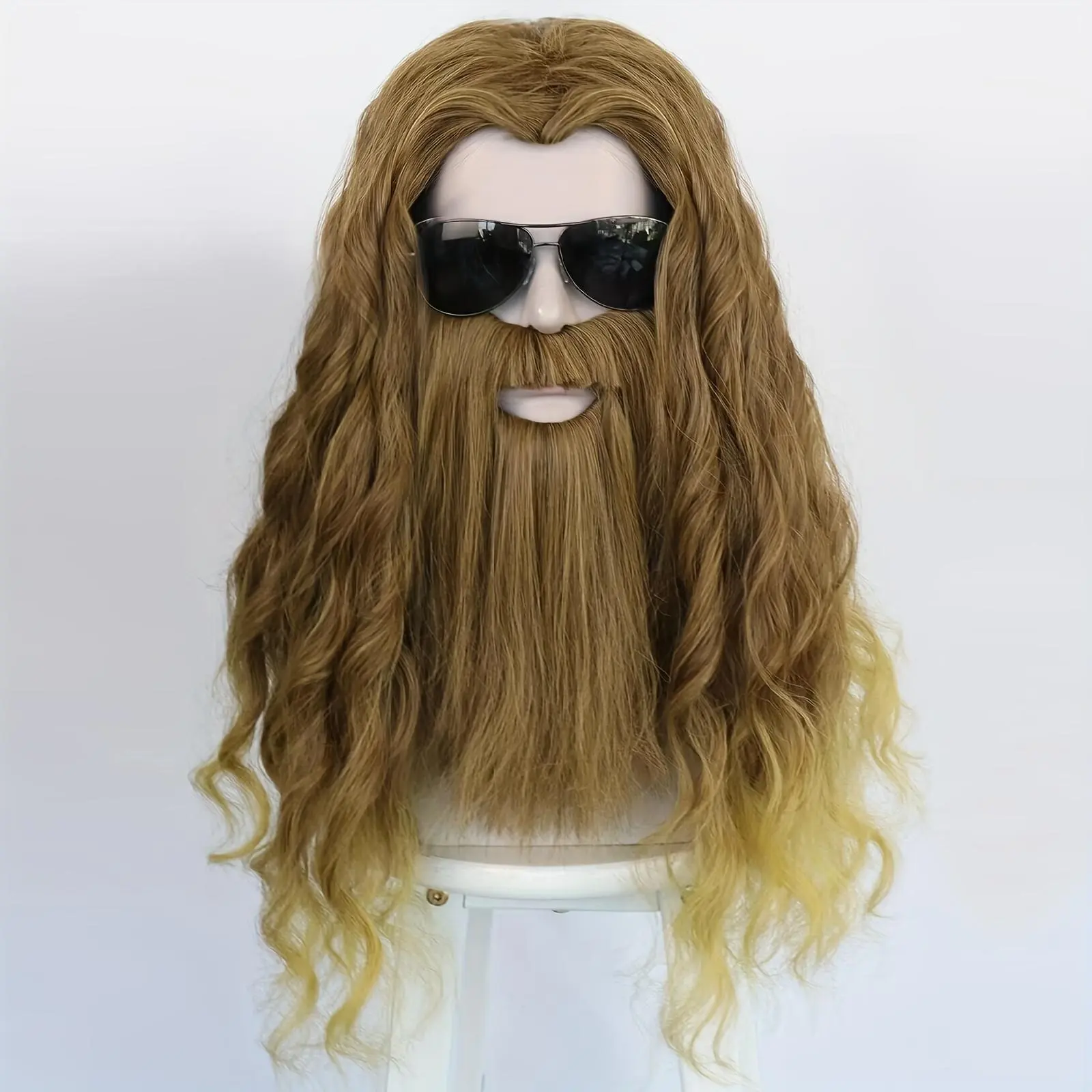 Men'S Long Straight Curly Cosplay Wig with Attached Beard - Synthetic High-Temperature Fiber, Rose Net Cap, Ideal for Music Festivals, Carnivals, Comic Exhibitions, Festival Attire|Curly Wig|Themed Costume Accessory