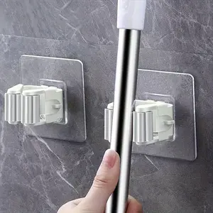 Wall-Mounted Mop & Broom Holder, Self-Adhesive Waterproof Non-Slip Hook, Detachable Practical Organizer for Home Bathroom Kitchen Garden Garage, Bathroom Organizing Accessories, Bathroom Accessories Organizer