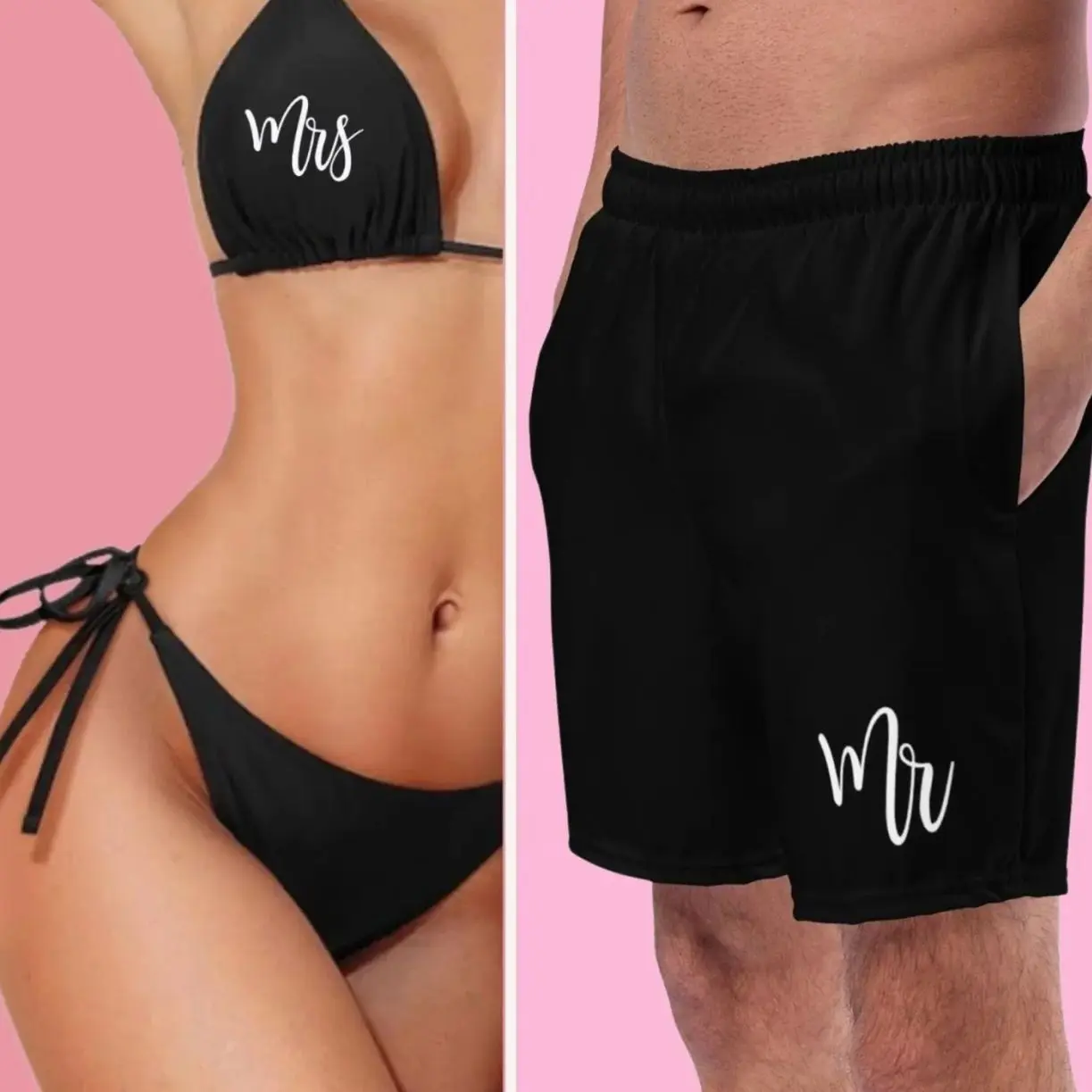 Honeymoon Couples Swimwear, Mr and Mrs Matching Bikini and Swim Shorts, Black Bride and Groom Beachwear
