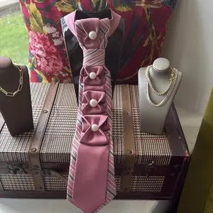 Upcycled Feminine Necktie with Pearl Accents and Striped Design for Elegant Style