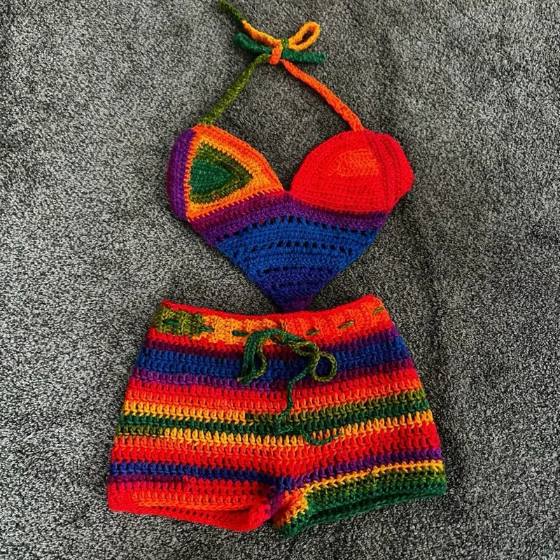 Handmade Crochet Two Piece Set - Colorful Rainbow Design with Matching Top and Bottoms for Handcrafted Style