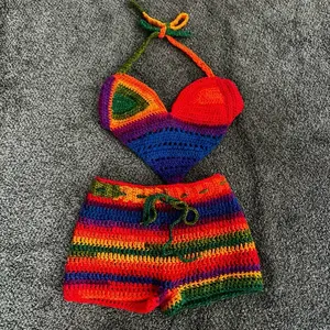 Handmade Crochet Two Piece Set - Colorful Rainbow Design with Matching Top and Bottoms for Handcrafted Style