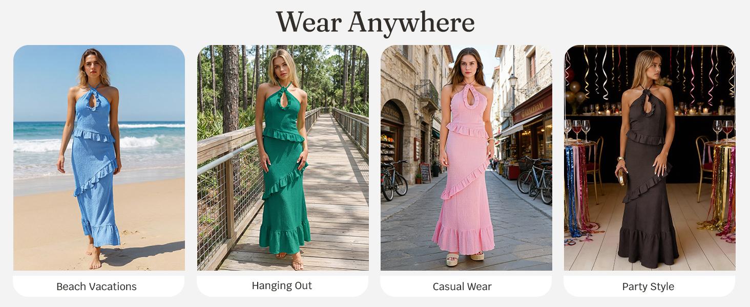 Wenrine Women's Sexy Halter Maxi Dress Cutout Sleeveless Ruffle Tassel Backless Party Club Summer Dresses