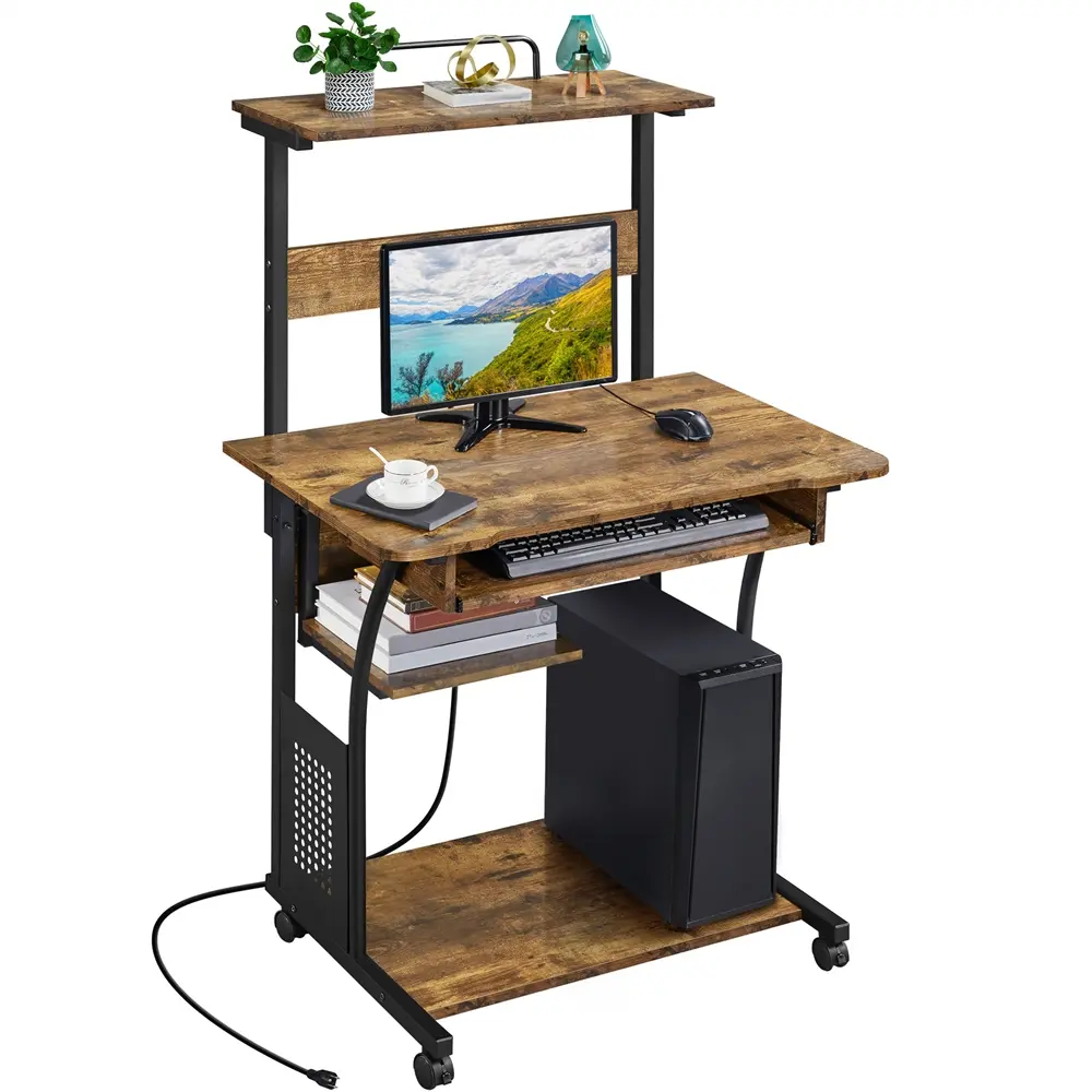 Yaheetech 3-Tier Rolling Computer Desk with Charging Station, Keyboard Tray, Power Outlet, USB Ports, Rolling Casters - Multi-Level PVC Laminate Silver Study Setup, Waterproof Home Office Furniture