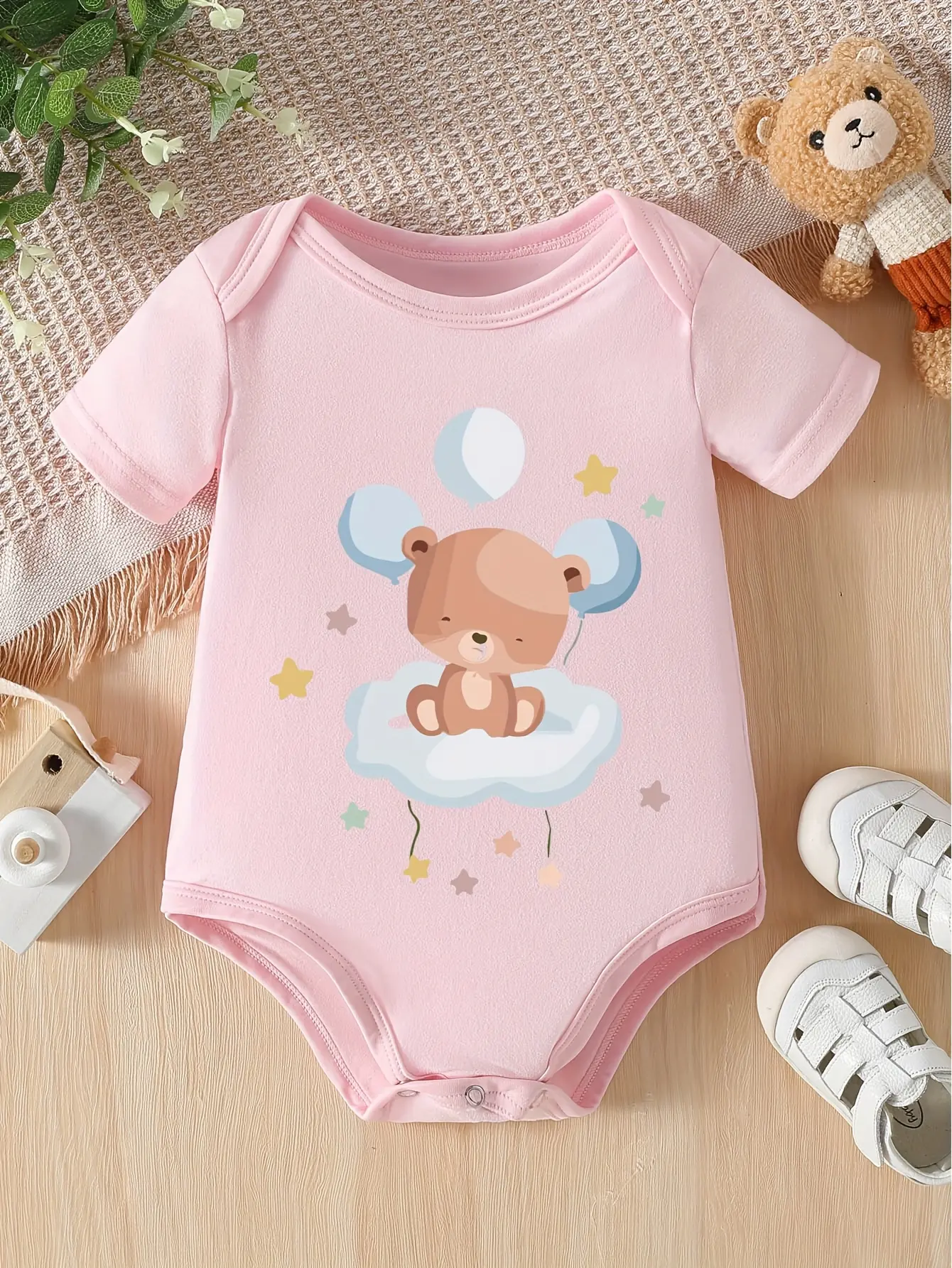 Baby Girls' Pink Short Sleeve Bodysuit, Sleepy Bear On Cloud Balloon Star Infant Cotton Onesie