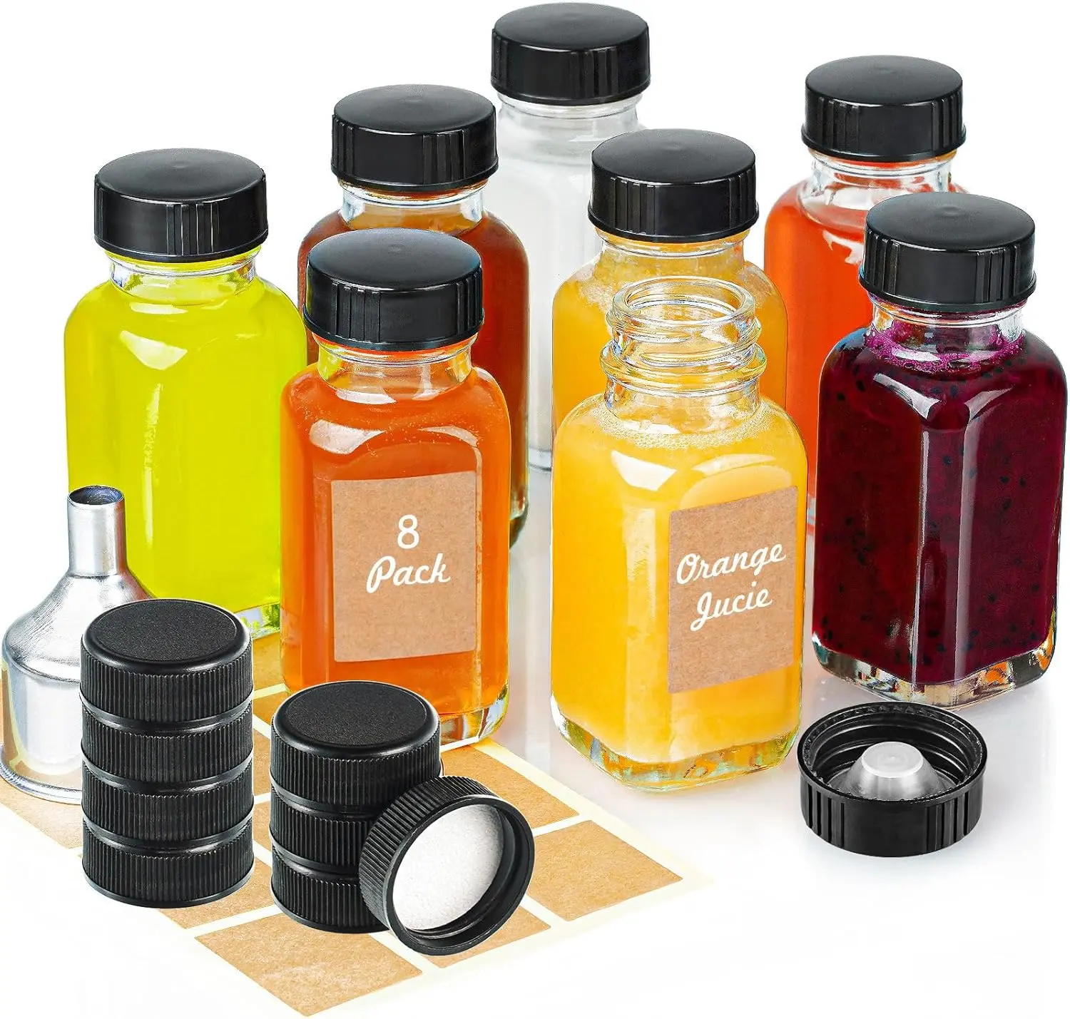 Clear  Ginger Shot Bottles with Caps - 8 Pack 2 oz Small Square Glass Jars with 8 Sealed Conical Inner Caps & 8 Airtight , Wide Mouth Juice bottles for Fridge, Extra Sticker, Funnel
